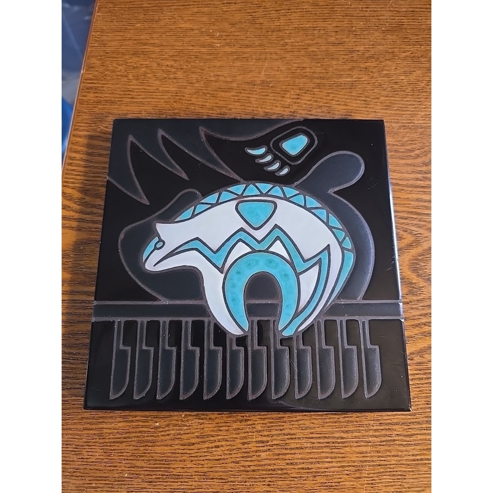Vintage‎ 1988 Cleo Teissedre Signed Dated Painted Ceramic Tile Turquoise Black